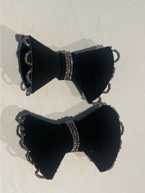 Black Velvet Bow Shoe Clips with Silver Beaded Trim, vintage